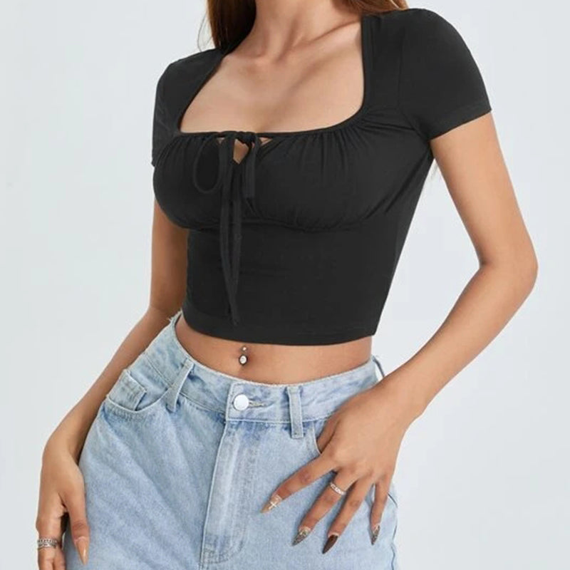 Ruched Bust Scoop Neck Tie Front Crop Top shirt