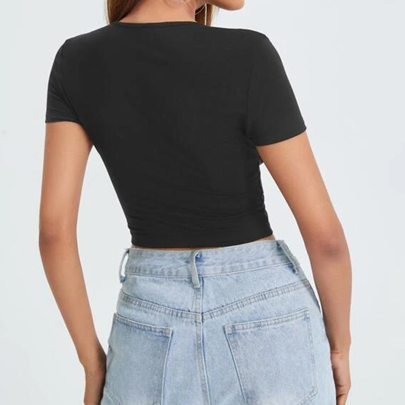 Ruched Bust Scoop Neck Tie Front Crop Top shirt