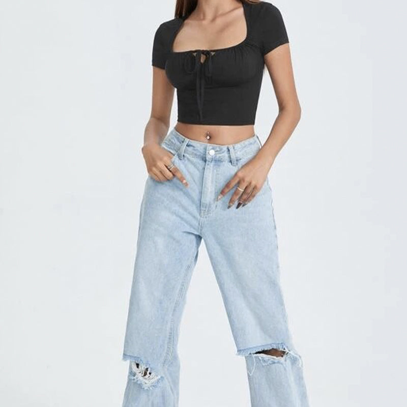 Ruched Bust Scoop Neck Tie Front Crop Top shirt