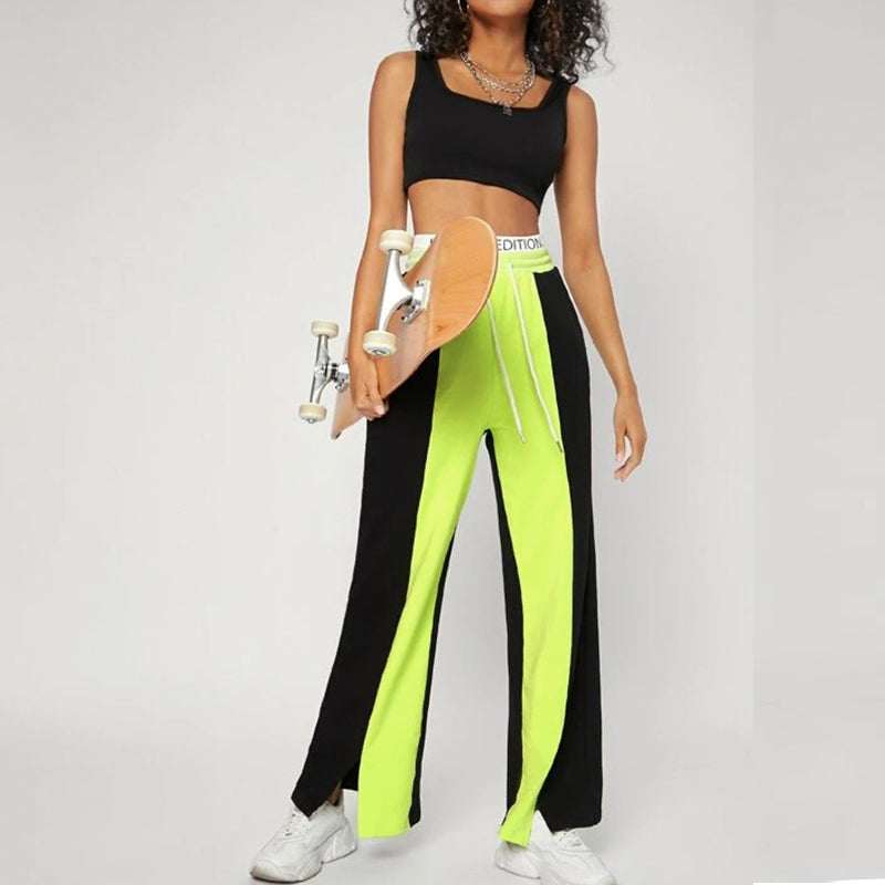 Drawstring Waist Colorblock Wide Leg Joggers