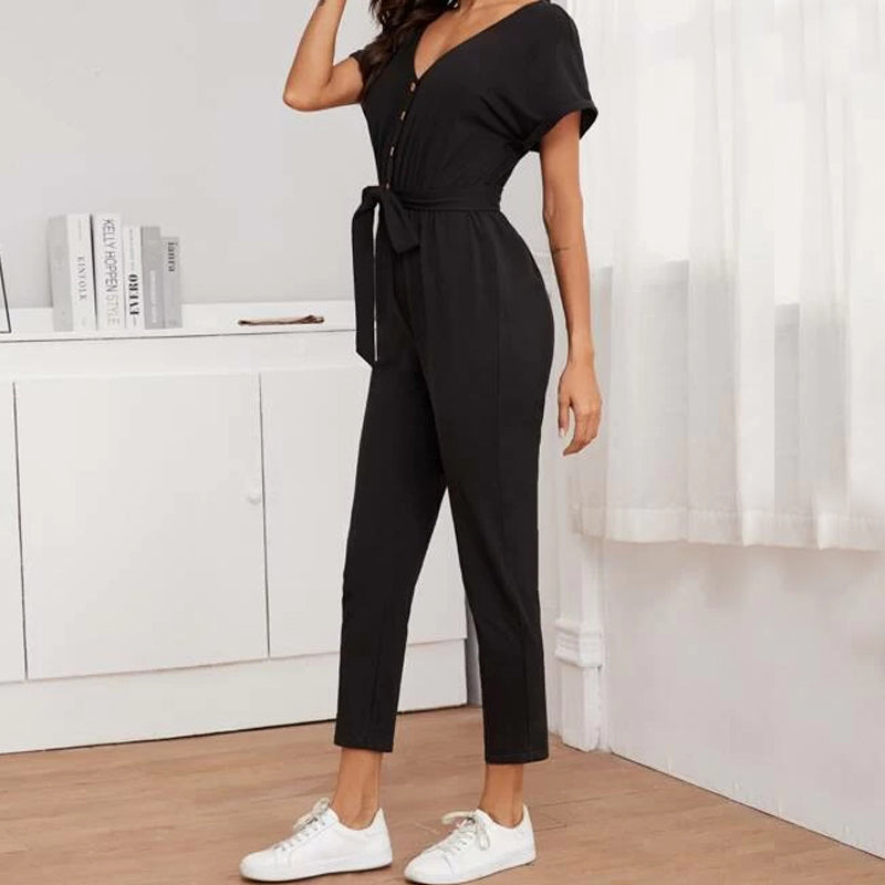 Buttoned Front Self Belted Cuffed Jumpsuit