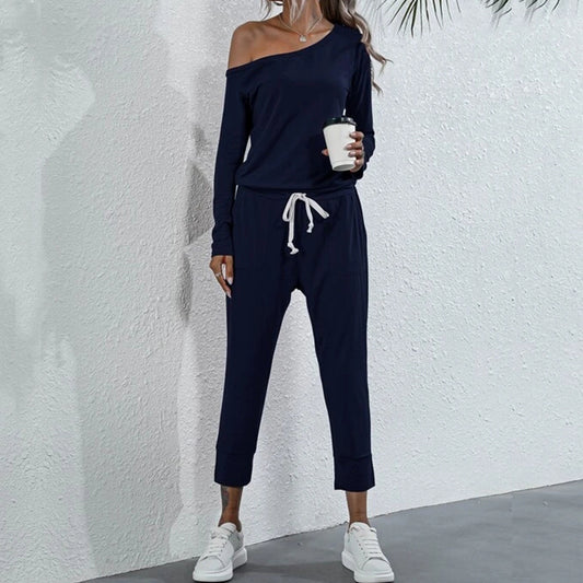 One-Shoulder Drawstring Waist Jumpsuit