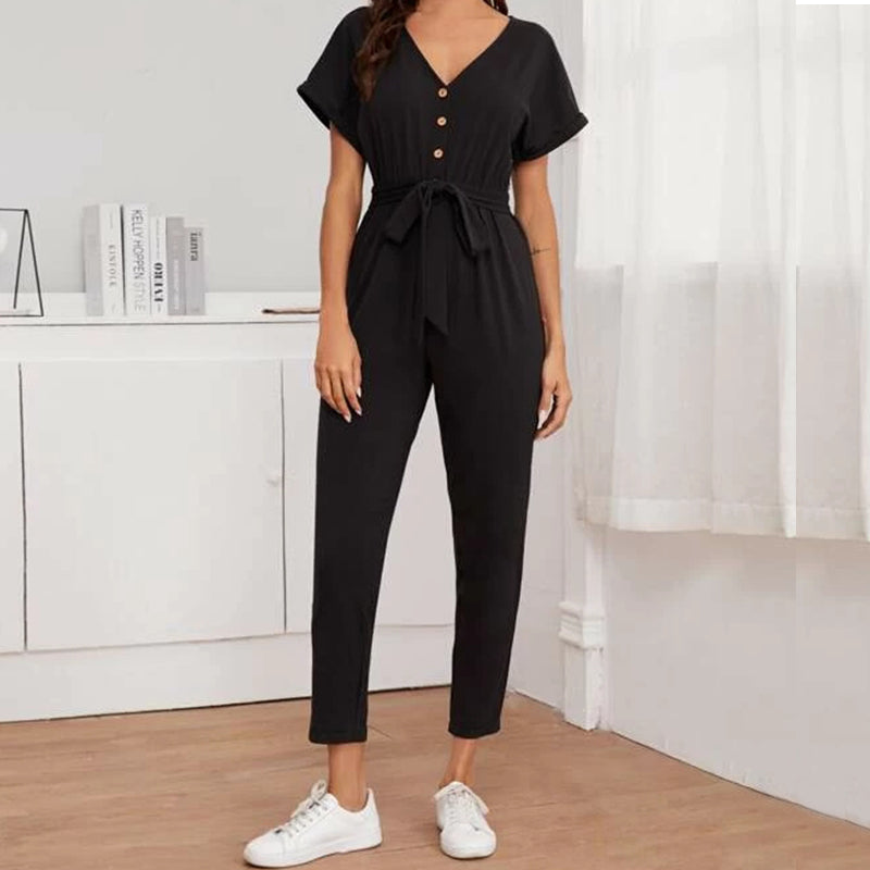 Buttoned Front Self Belted Cuffed Jumpsuit