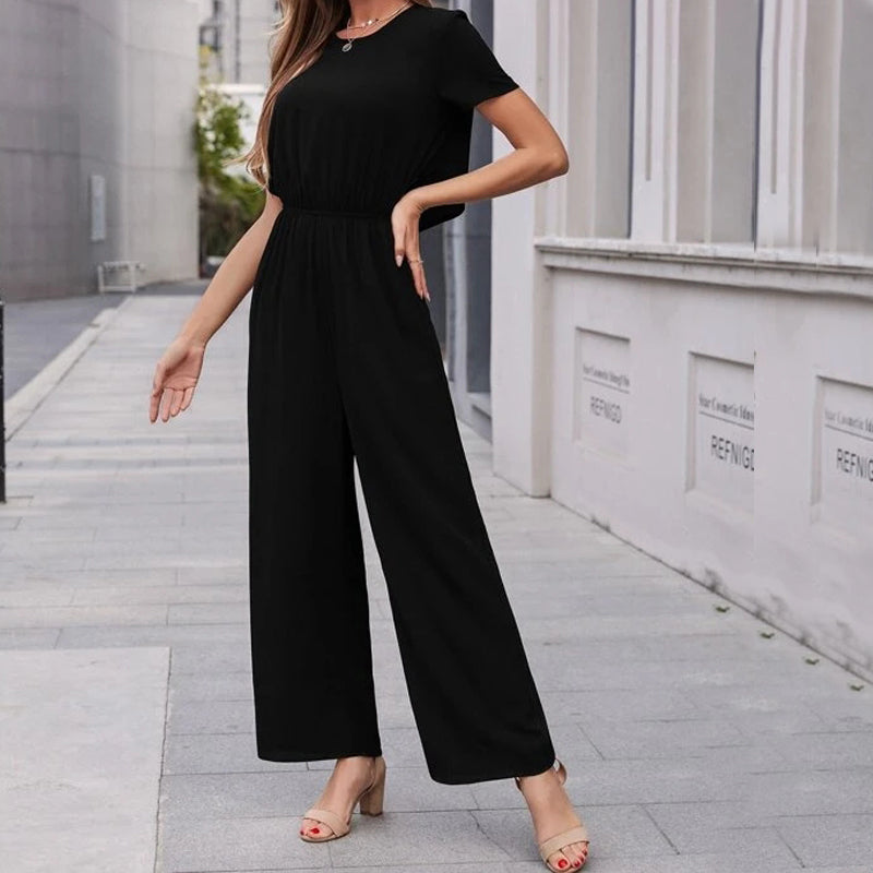 Buttoned Back Cut Out Waist Solid Jumpsuit