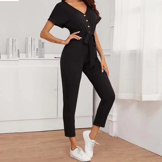 Buttoned Front Self Belted Cuffed Jumpsuit