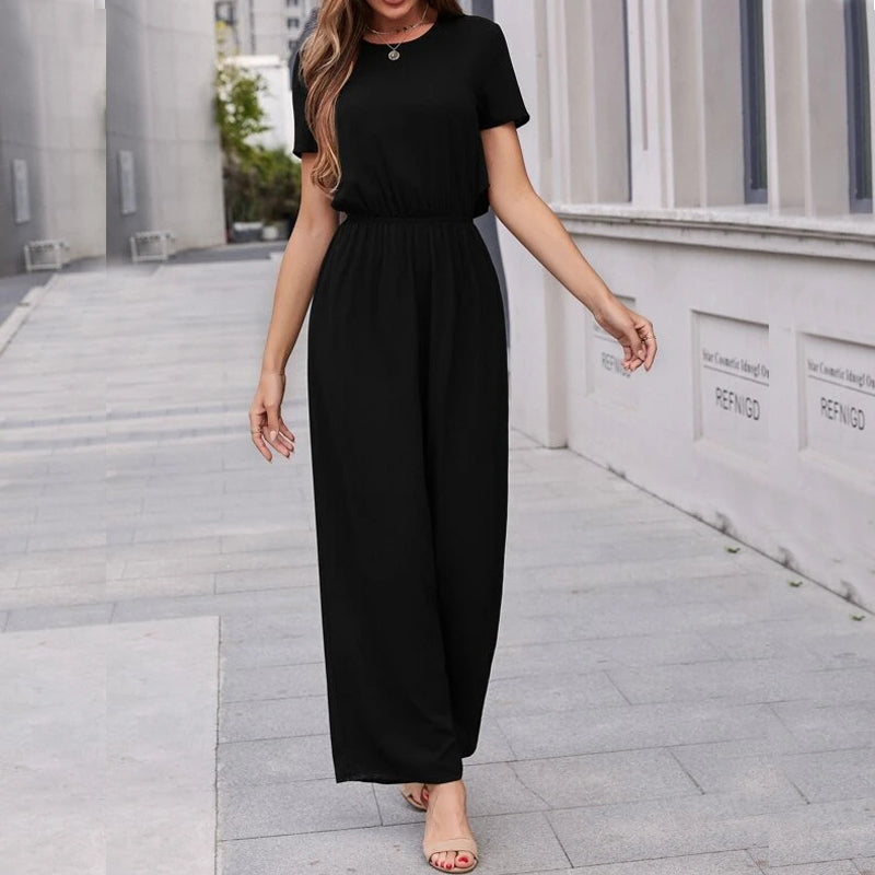 Buttoned Back Cut Out Waist Solid Jumpsuit