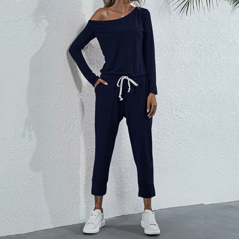 One-Shoulder Drawstring Waist Jumpsuit