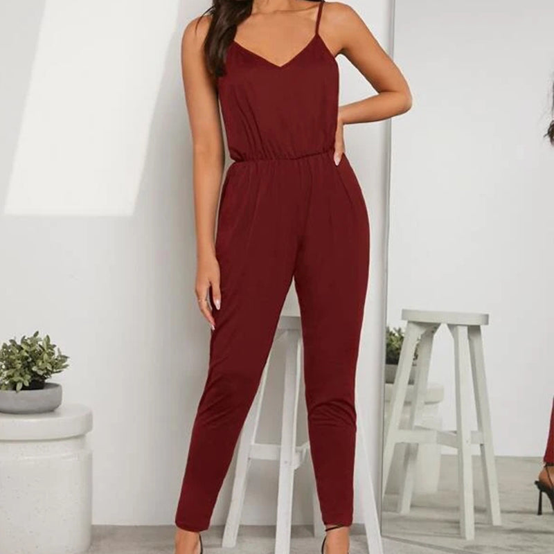 Solid V Neck Cami Jumpsuit