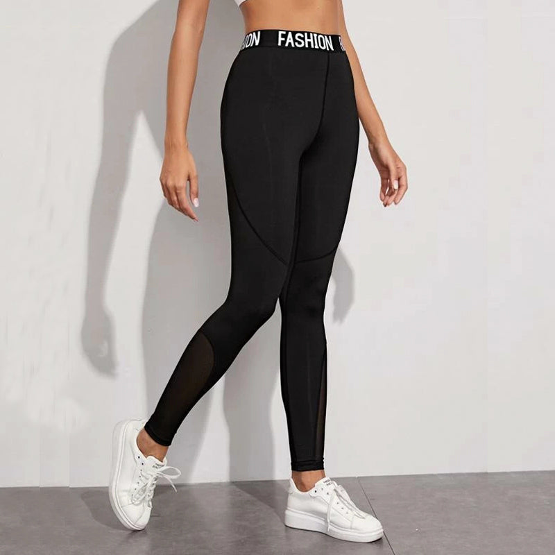 Letter Tape Mesh Panel Sports Leggings