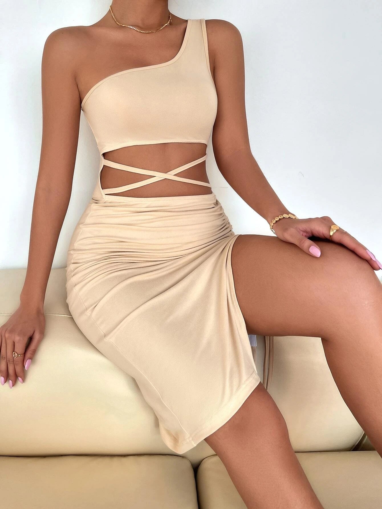 One Shoulder Cut Out Criss Cross Drawstring Side Split Thigh Dress