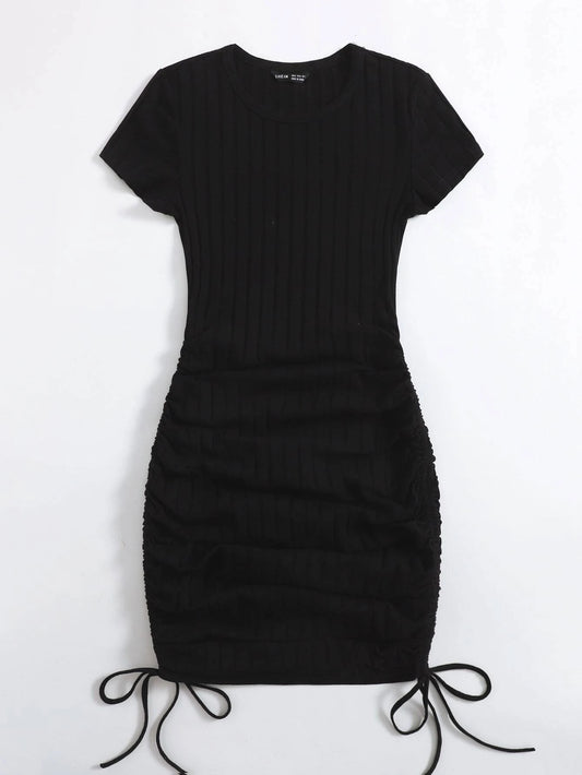 Drawstring Side Rib-knit Bodycon Dress