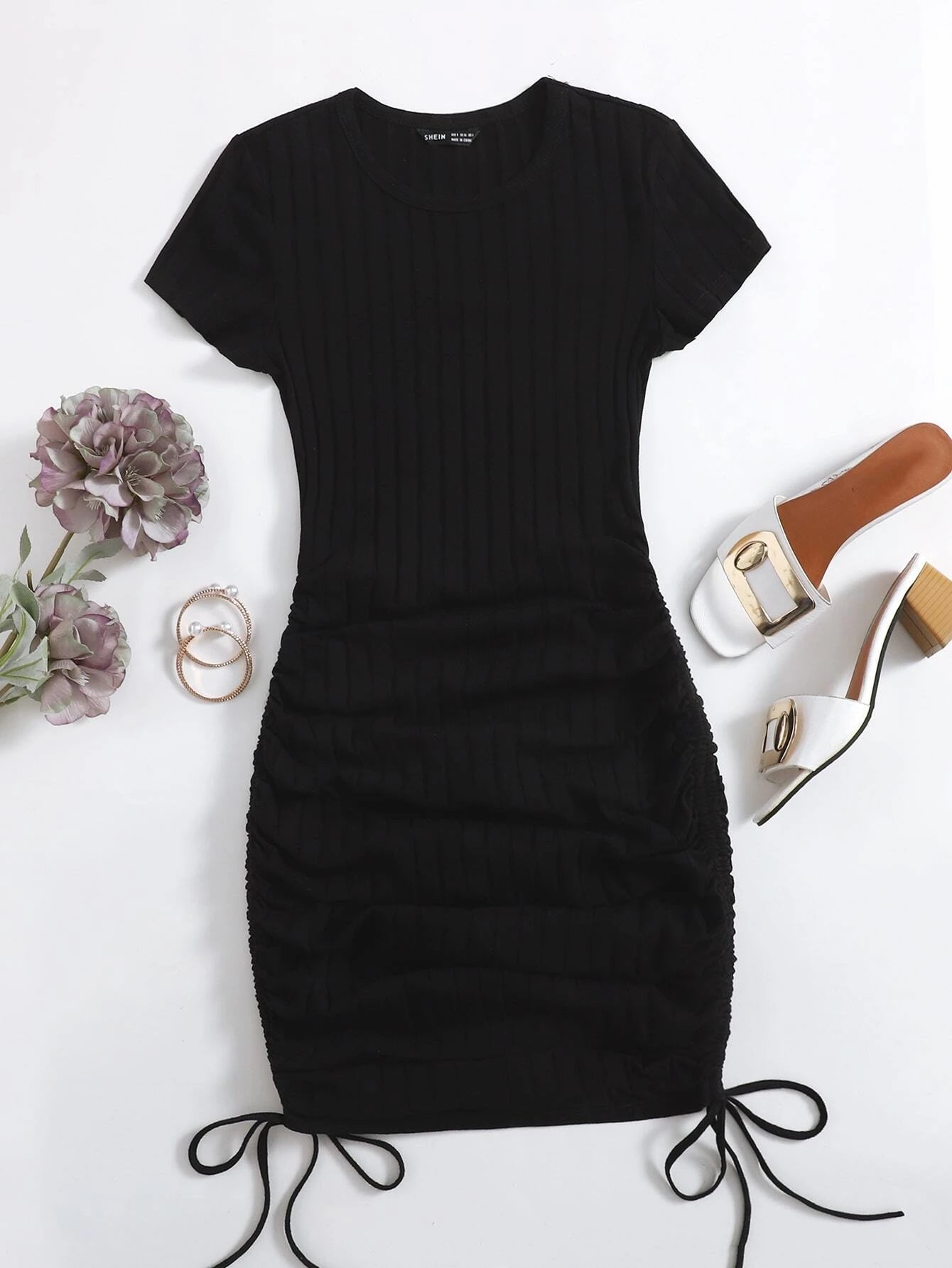 Drawstring Side Rib-knit Bodycon Dress